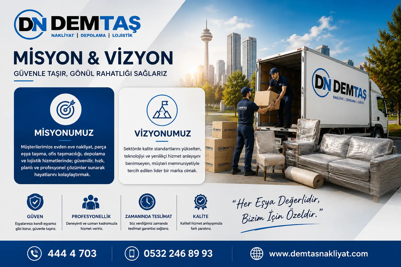 Demtaş Nakliyat misyon ve vizyon sayfası için güvenli taşıma, profesyonel ekip ve kurumsal nakliyat hizmeti görseli